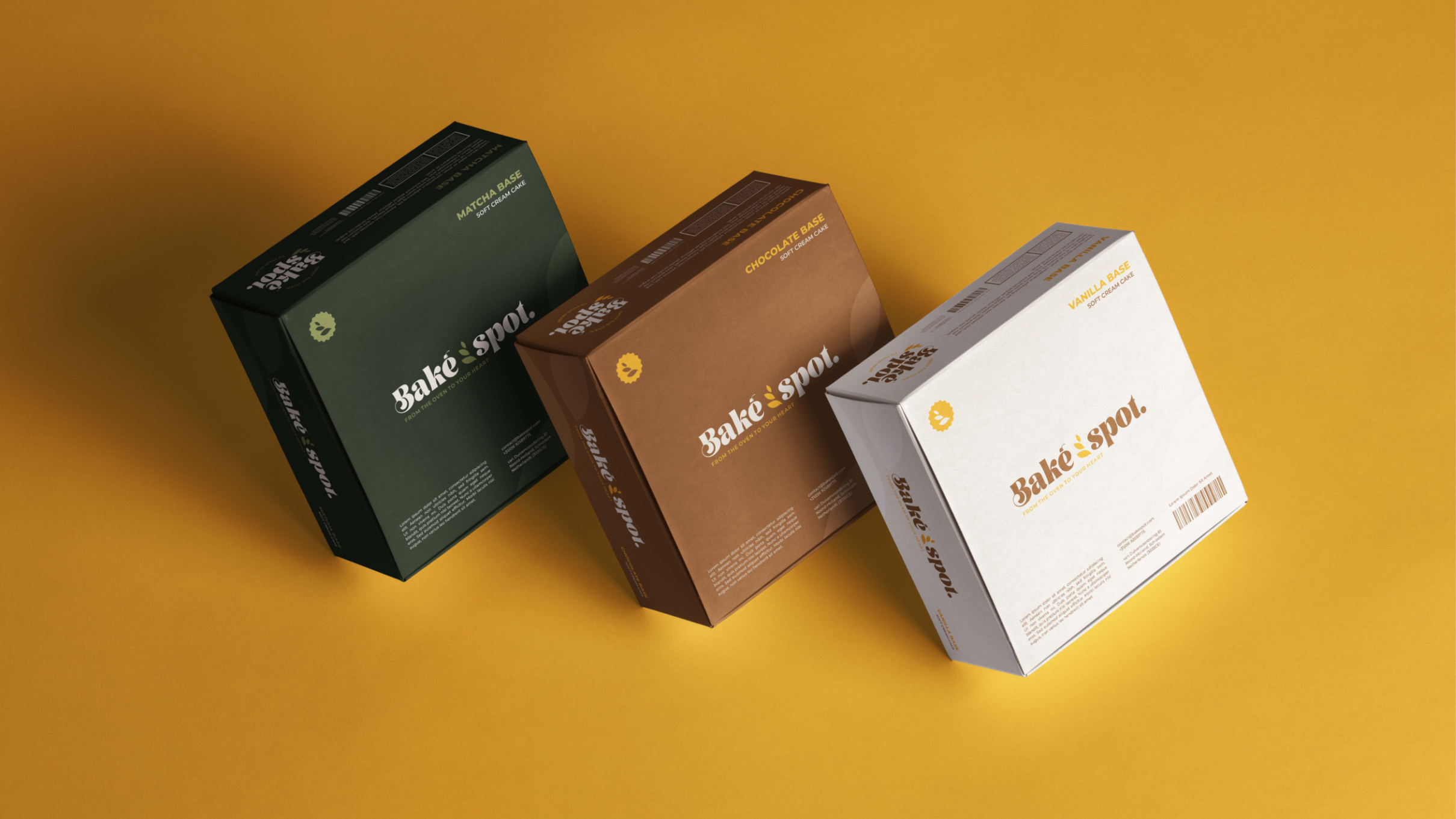 Retail boxes — green, brown and cream colourways