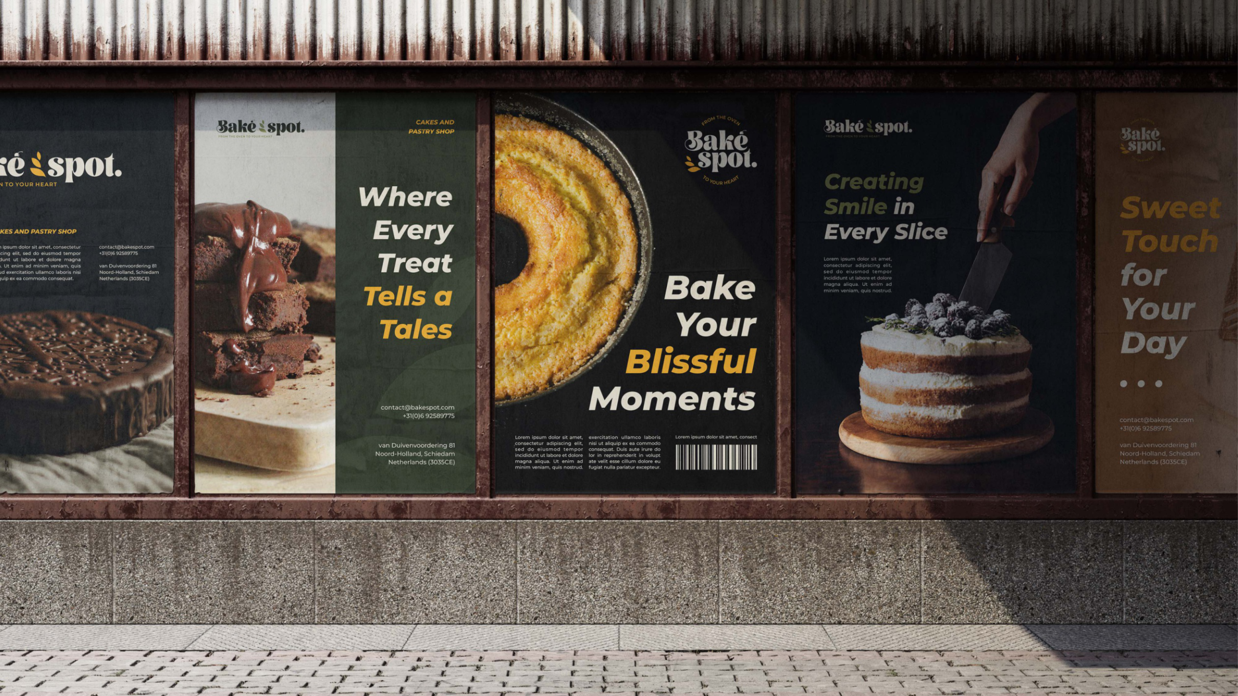 Five-poster OOH wild posting — bakery campaign