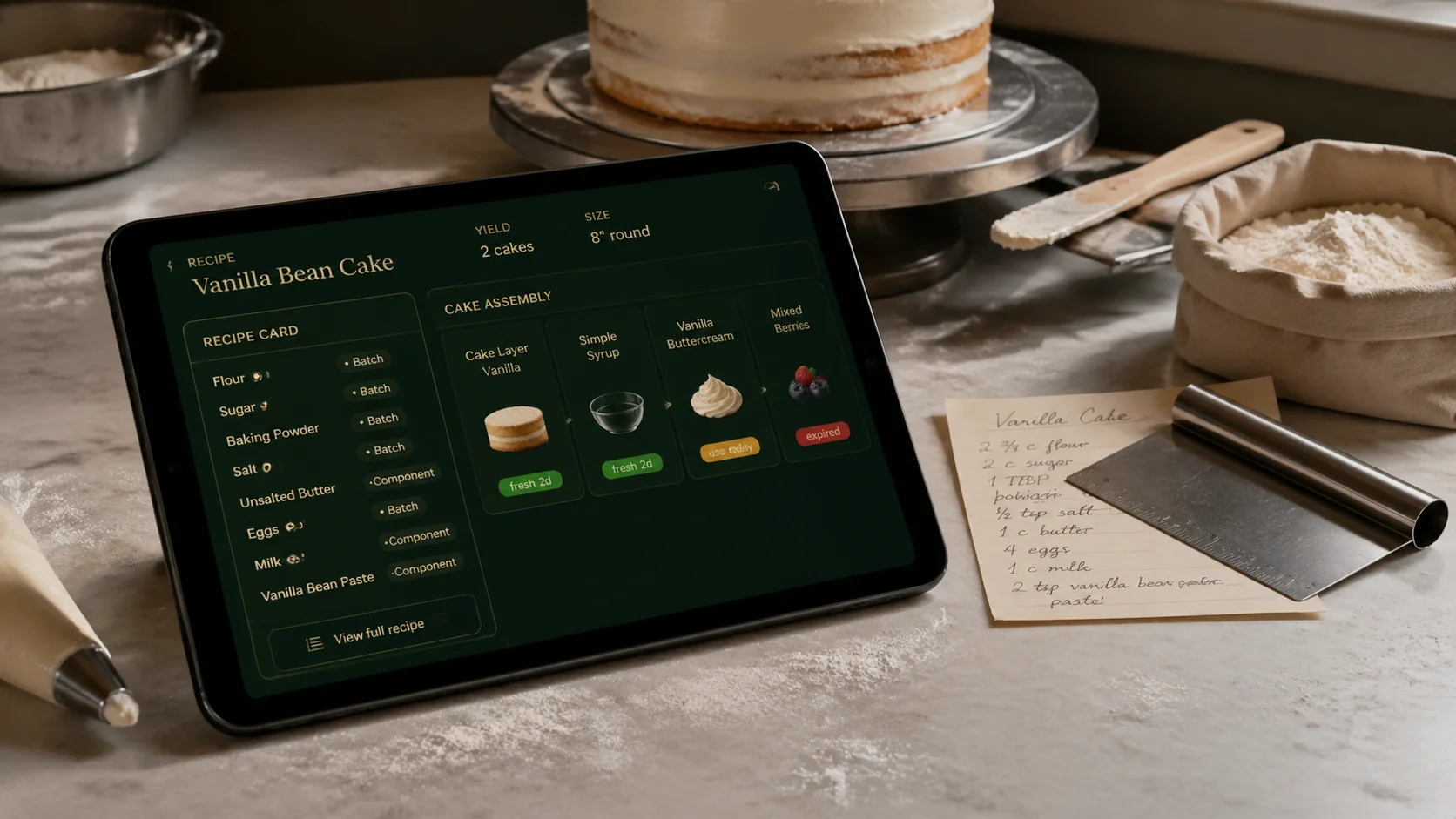 Floural — tablet on a flour-dusted bakery counter showing recipe assembly