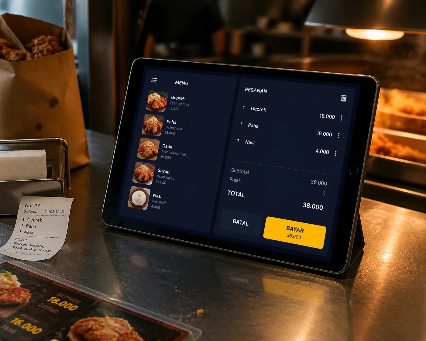 LalaFun POS — tablet on a fried-chicken counter showing the order screen