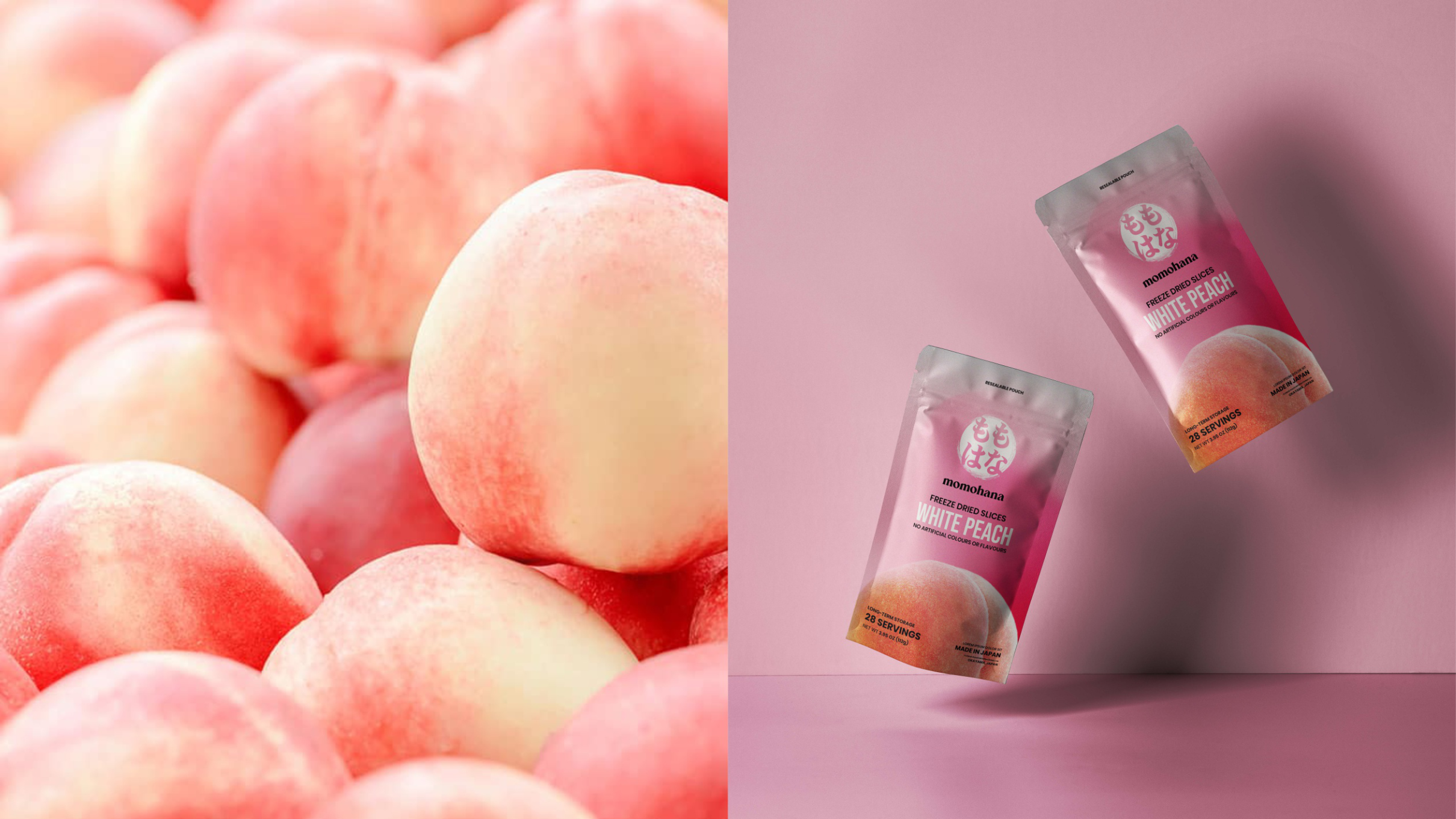 White peach product photography with standing pouch pack