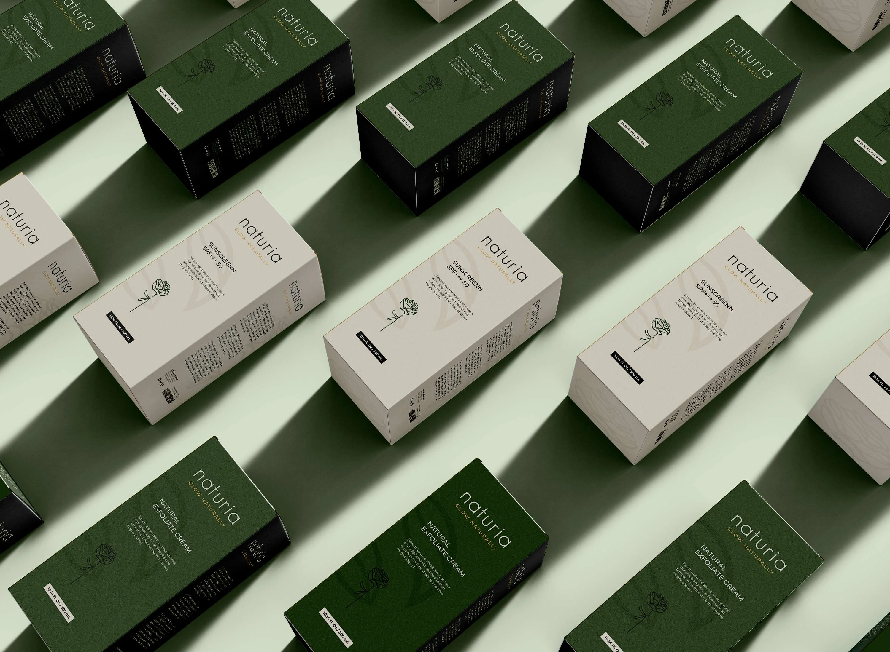 Repeating diagonal grid of boxed Naturia packaging