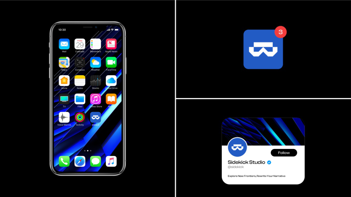 App icon and social profile card — mark on device and in feed